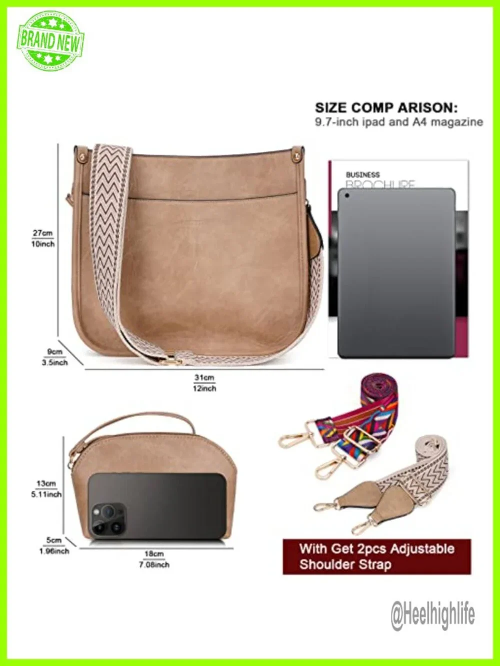 Vegan Leather Hobo Crossbody Bag Set with 2 Adjustable Straps